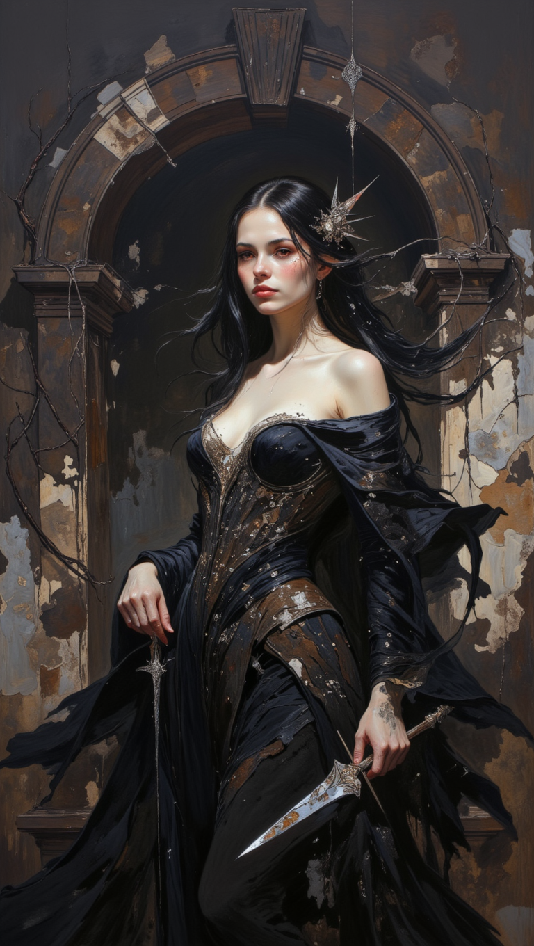 A highly detailed dark fantasy scene in a medium-close shot, featuring a beautiful woman with pale, flawless skin and long, flowing raven-black hair. She is dressed in a tattered, dark velvet gown that clings to her form, with intricate silver embroidery glimmering faintly in the shadows. Her piercing, glowing red eyes stand out in the dim, moonlit setting, as she holds a delicate, jagged crystal dagger in one hand. Surrounding her are faint wisps of dark mist, swirling at her feet. The background reveals an ancient, crumbling stone archway, overgrown with thorny vines, adding to the mysterious and gothic atmosphere<lora:FLUX-daubrez-DB4RZ-v2:1>  <lora:Dieselcore:0.5> <lora:artisketchyfs-v02:0.5> <lora:detailed:0.5>
