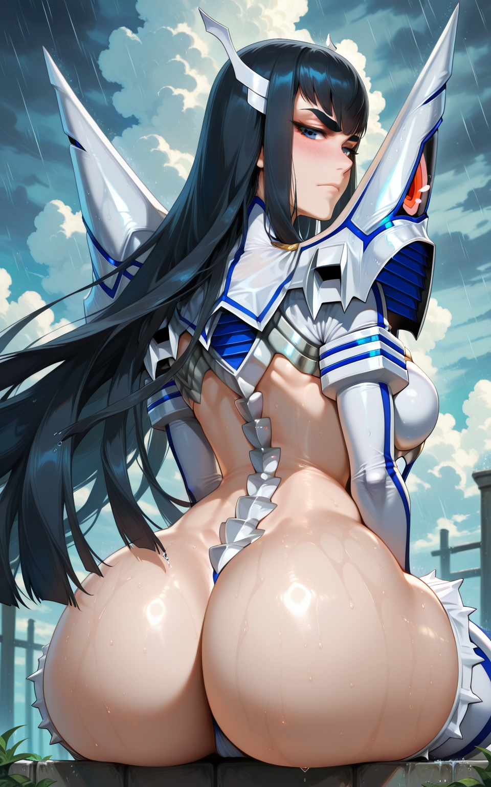 ilkiryuuinsatsuki, 1girl, kiryuuin satsuki, junketsu, black hair, ass, long hair, breasts, solo, blue eyes, rain, thighhighs, sitting, blush, looking at viewer, looking back, cloud, large breasts, from behind, sky, cloudy sky, closed mouth, white thighhighs, thighs, huge ass, outdoors, shoulder armor, thick thighs<lora:illustrious- kiryuuin satsuki-1024x1600:1>,