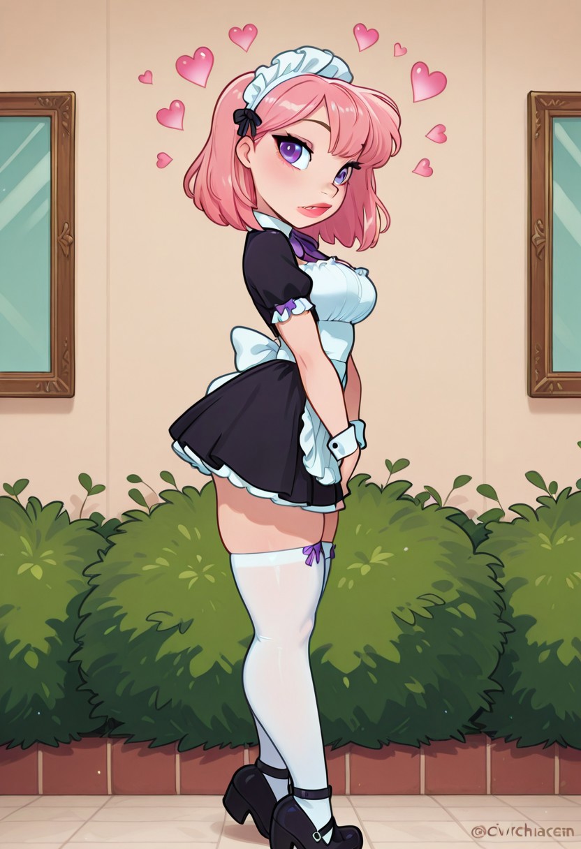 <lora:CivChan:1> side view, CivChan, purple eyes, pink hair, maid outfit, medium breasts, full lips, floating hearts, hearts, doing the homer Simpson walking backward meme, Large bush wall