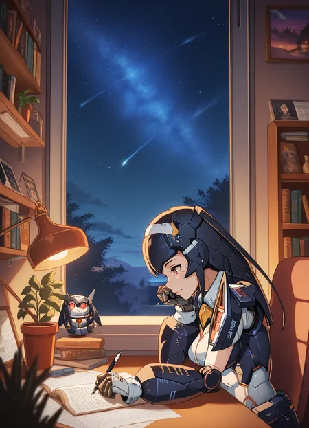 masterpiece, best quality, amazing quality, highres, absurdres,
1girl, adult,
stunning attractive cute 28-years-old woman, robot girl,
<lora:Lisa_-_PSO2_-_Illustrious:1> Lisa-PSO2, Lisa-cast,
<lora:LofiGirl_Style_IXL:1> zzLofi, sitting, side view, desk, chair, book, bookshelf, head rest, holding, holding pen, lamp, night, open book, pen, plant, potted plant, sky, star (sky), starry sky, window, windowsill, writing, spacecraft interior,