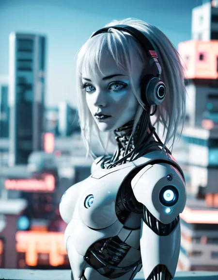 zavy-nfrrd, infrared, light-blue highlights, a cybernetic robot overlooking cyberpunk nightcity, 100mm f/2.8 macro lens,