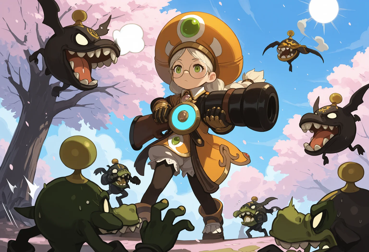 AcadDN01, orange hat, holding a cannon, battling with (green goblins:1.5), surrounded by sakura trees, cherry blossom flowing in air, day, sky, sun <lora:academic_dragonnest:1>