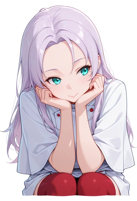 Smooth Quality,masterpiece,very intricate, high quality details, ultra realistic, high detailed skin,detailed enviorement,absurdres,
head rest,
<lora:Kate_Takayama_CNR:0.8> kate_cnr, 1girl,light purple hair, long hair, aqua eyes, mole under eye,, simple background, white background, front view,solo,, :>=,, chef coat ,poncho ,asymmetrical stockings, ,red thighhighs,
