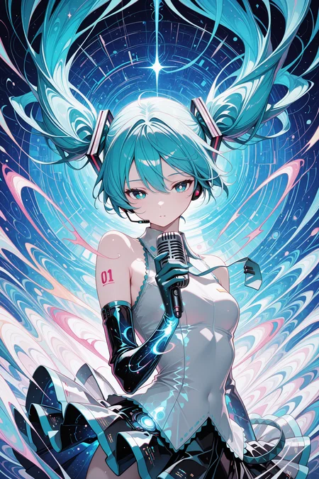 lazympos, 1girl, hatsune miku, white pupils, power elements, microphone, vibrant blue color palette, abstract,abstract background, dreamlike atmosphere, delicate linework, wind-swept hair, energy