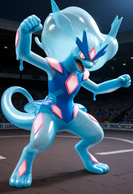 I was about to fall asleep. No... not because the fights were boring. It's due to the attack that Cascades uses to put his opponents to sleep with the help of his pink crystals on his body. Ok, I fell asleep... But this attack is very rare and is actually just a matter of habit for a person not to fall asleep while training this attack. Kaskaden is a very rare Battlemon, as Kaskaden often refuses to evolve. You'll probably never find one in the wild. Cascades also becomes a WATER/PSYCHIC type.