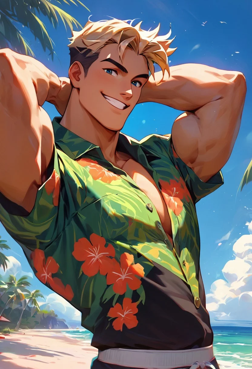 score_9,score_8_up,score_7_up, handsome 30 yo man posing, smile, black highandtight hair with fade, hawaii shirt, beach, upper body shot, looking at viewer