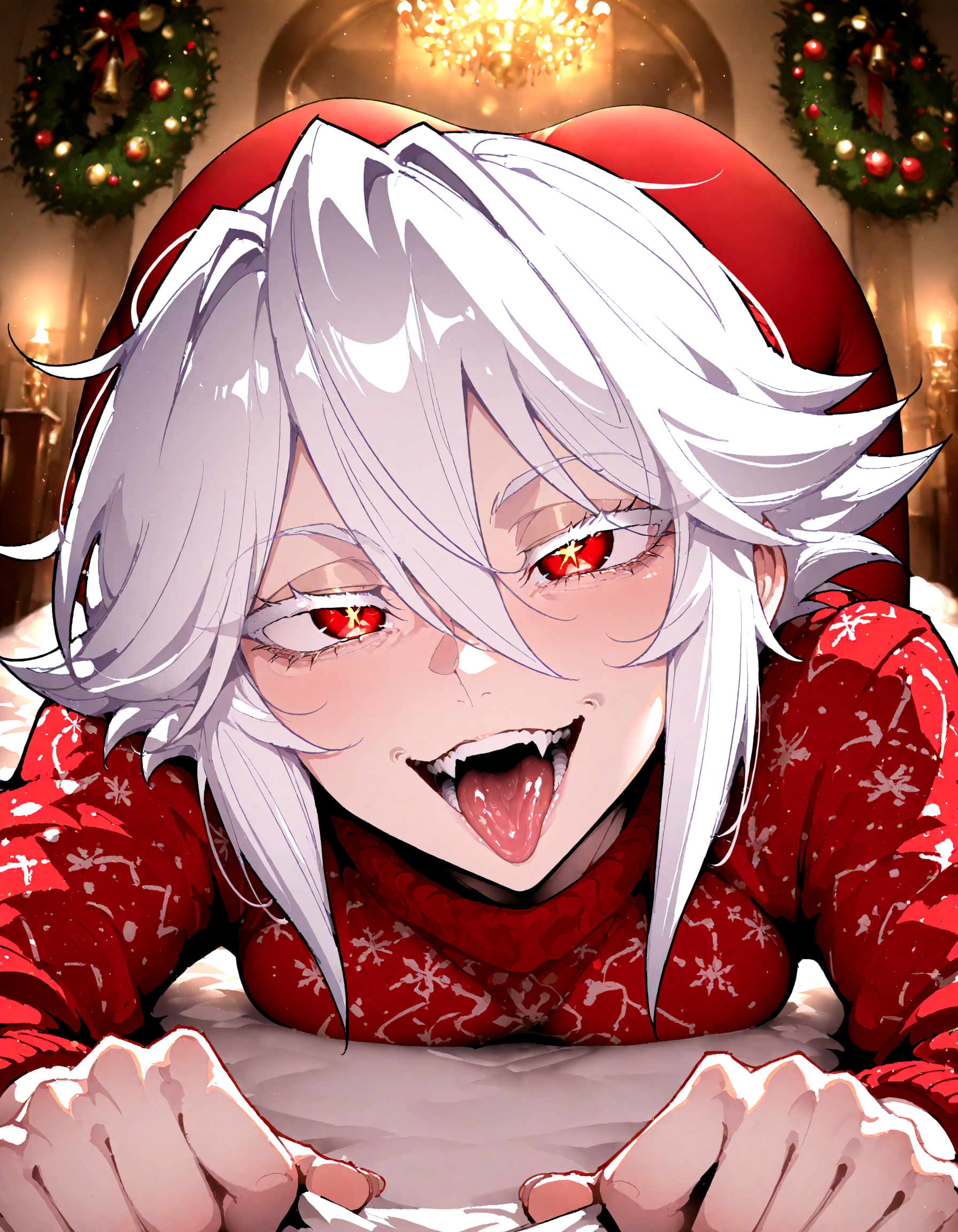 mclaus, white hair, 1women, old women, red christmas sweater, solo, red pantyhose, ,all fours ,looking at viewer, on stomach,,tongue_out ,open mouth, 
,detailed background,
,fishine:0.7 ,warugaki_(sk-ii):0.9 ,vanripper_(style):0.6,
,masterpiece, best quality, newest, absurdres, highres, <lora:Mrs._Claus:0.6>,
<lora:add-detail-xl:0.5>, <lora:cfg_scale_boost:0.4>, <lora:illustrious_noobai_epsilon_pred_11_very_aesthetic_v1:0.8>, <lora:ponyv5_noobE11_1_adamW:0.5>