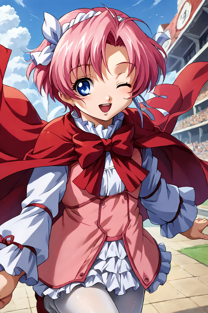 score_9, score_8_up, score_7_up, source_anime BREAK 1girl, solo, kg_viora, 1990s\(style)\, kawaii, dress, frills, red cape, red bowtie, white pantyhose, pink hair, short hair, hairband, hair ribbon, blue eyes, one eye closed, looking at you, smile, open mouth, dynamic pose, amusement park, fantasy <lora:kg_viola:1>