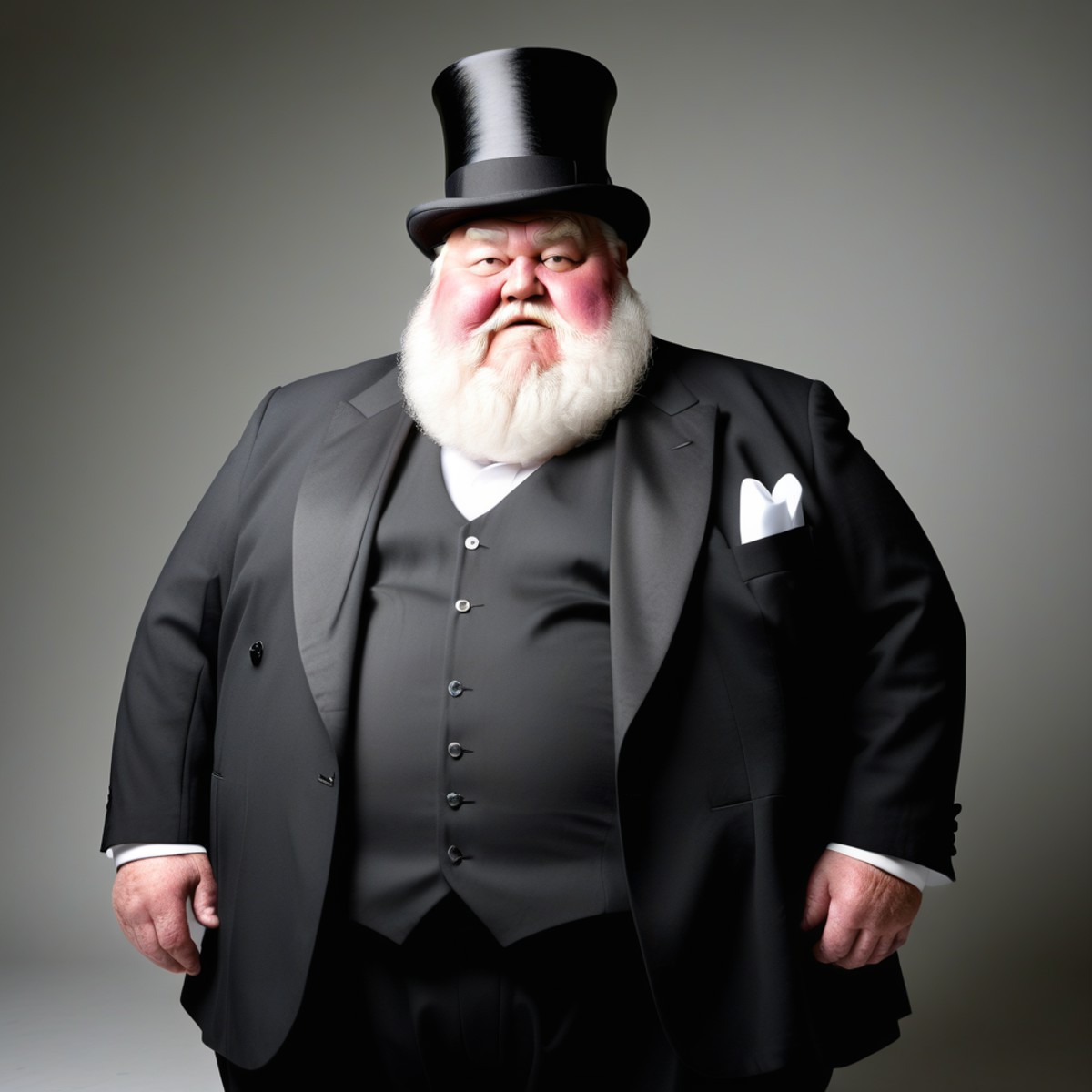 obese bearded grandpa, wearing formal dress, top hat