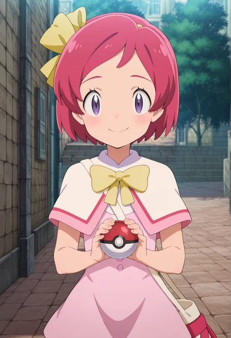 anime screencap, upper body, 1girl, pink hair, short hair, purple eyes, hair ribbon, short dress, capelet, neck ribbon, outdoors, bag, holding poke ball, smile, looking at viewer, <lora:Margo_pokemon:1>, masterpiece, best quality, amazing quality, very aesthetic, absurdres, highres, newest