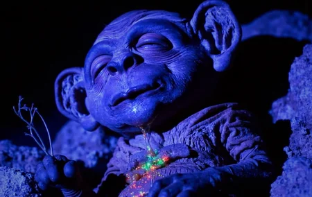 Blacklight paint The Respected Grand Marshall Supreme Leader Nukie the knockoff alien is passed out giggling in his sleep, drooling magical metal flake sparkle saliva all overhimself. Fluorescent pigments, vibrant and surreal colors, ethereal glow, otherworldly effects, dynamic and psychedelic compositions, neon aesthetics, transformative in ultraviolet light, contemporary and experimental.