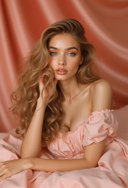 Set against an elegant backdrop of flowing silk and soft pastels, a young Scandinavian model lounges effortlessly, her hair cascading in soft waves. Testinoâs glamorous and vibrant style brings out her natural beauty, with warm lighting emphasizing her glowing skin. The shot radiates luxury, combining classic elegance with playful charm.<lora:MyLoras\Scandinavian Girls Oct4th\ScandiGirl_Style-000015.safetensors:1.0:1.0>