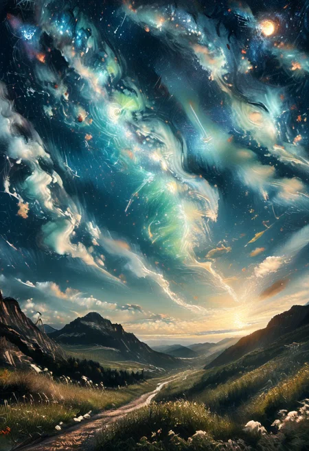 style of Vincent van Gogh, A beautiful landscape with a vibrant night sky filled with twinkling stars, aurora borealis, and a bright full moon.
starry_morph,
score_9,score_8_up,score_7_up, rating_safe, beautiful, painterly, detailed, textural, artistic, aesthetic,
, dreamy, moody, ,