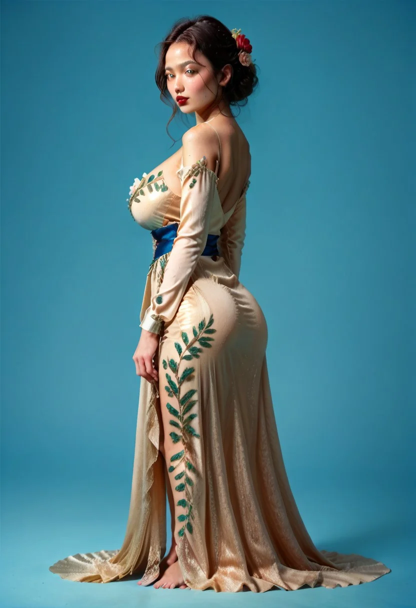 score_9, score_8_up, score_7_up,
JDMAI_ARIEL_SARI, JDMAI_KEBAYA, pureerosface_v1,
tight long kebaya dress, long sleeves, deep neckline, bare shoulders, flower hairpin, decorated sash, brocade decoration, sequin decoration,
(dynamic lighting), (dynamic shadow), 4k, HD, Hi res, cinematic masterpiece, photographic masterpiece,
contrapposto pose, bust shot, side view,
beautiful make-up, glossy lips, red lips, blushing, 40GG cup Breasts, massive breasts size, natural breasts shape, narrow waist, wide hips, round ass, thick thighs, thigh gap, barefoot,
(simple turquoise background), (blurry background), (sharp focus on object),