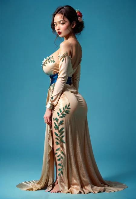 score_9, score_8_up, score_7_up,
JDMAI_ARIEL_SARI, JDMAI_KEBAYA, pureerosface_v1,
tight long kebaya dress, long sleeves, deep neckline, bare shoulders, flower hairpin, decorated sash, brocade decoration, sequin decoration,
(dynamic lighting), (dynamic shadow), 4k, HD, Hi res, cinematic masterpiece, photographic masterpiece,
contrapposto pose, bust shot, side view,
beautiful make-up, glossy lips, red lips, blushing, 40GG cup Breasts, massive breasts size, natural breasts shape, narrow waist, wide hips, round ass, thick thighs, thigh gap, barefoot,
(simple turquoise background), (blurry background), (sharp focus on object),