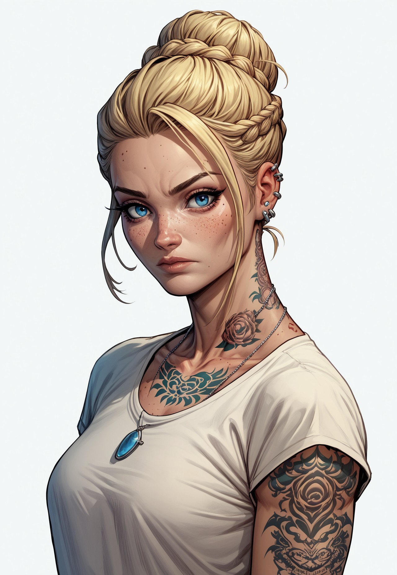 PonyXLV6_Scores , SUP3RH3R0 Style, tattoo, solo, neck tattoo, jewelry, earrings, braid, piercing, blue eyes, looking at viewer, hair bun, ear piercing, blonde hair, freckles, single hair bun, simple background, upper body, shirt, 1boy, white background, male focus, necklace, closed mouth, 1girl, comic art style
