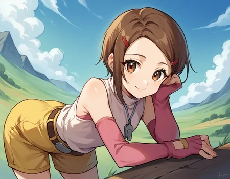 score_9, score_8_up, score_7_up, source_anime,
hikariyagami, <lora:hikari-yagami-ponyxl-lora-nochekaiser:1>,
hikari yagami, brown hair, brown eyes, hair clip, forehead,
detached sleeves, gloves, fingerless gloves, shirt, pink shirt, white shirt, two-tone-shirt, sleeveless, bare shoulders, belt, short, yellow shorts, whistle, pink sleeves, pink gloves, turtleneck,
landscape, bent over, smile,
looking at viewer, cowboy shot, solo, dutch angle,