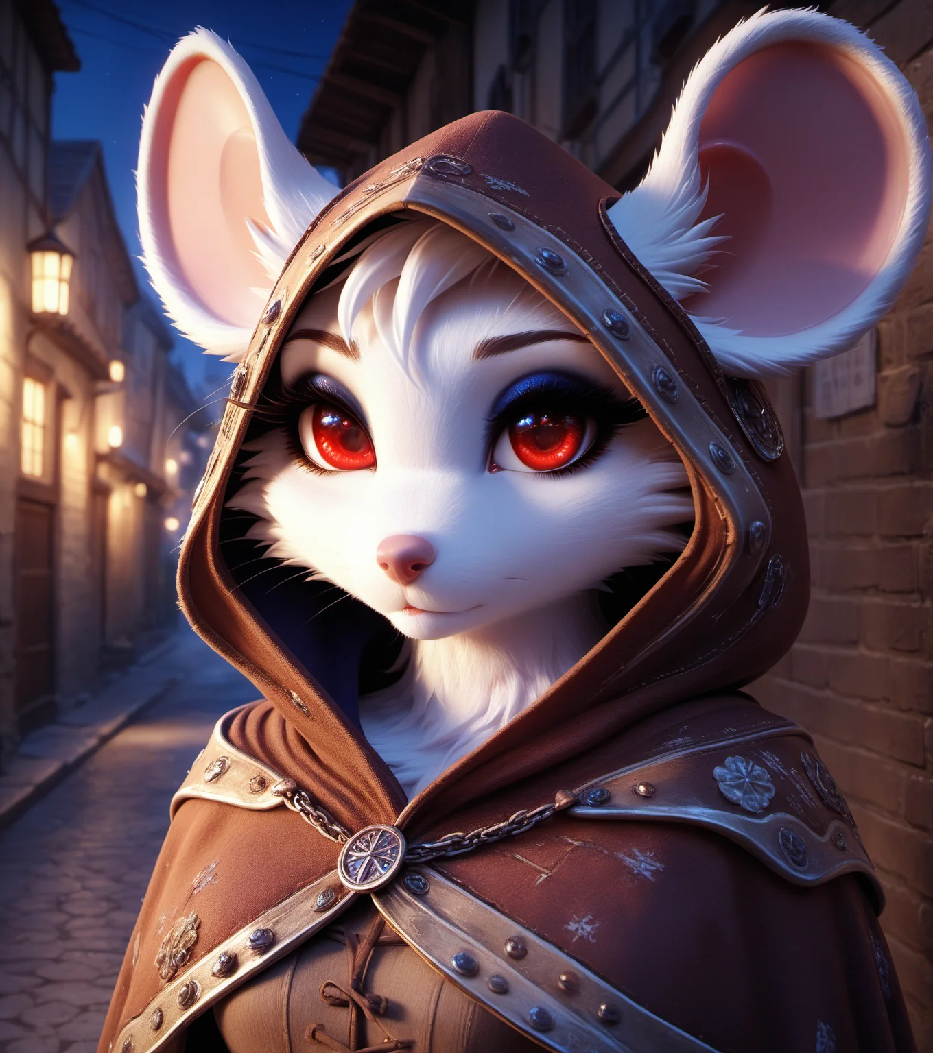 score_9, score_8_up, score_7_up, whtfx, soft body fur, eyeliner, eyelashes, solo, furry female, mouse, white fur, red eyes, hooded cloak, medieval, town, night, shadow, alley