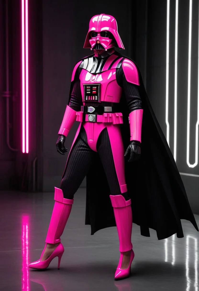 score_9, score_8_up, score_7_up, score_7, score_6_up, photo, detailed, full body, tack sharp, sharp focus, raw, realistic, highest quality, masterpiece, solo, Darth Vader in neon pink uniform, high heels, pink helmet on, very detailed dynamic Star Wars hangar as background, ((nsgzz, "BUZZ" (text), caps font, text focus, text, neon sign, white text, pink theme, glow)), d3t41l3d, full body