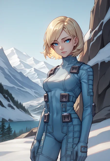 score_9, score_8_up, score_7_up, source_anime, 1girl, looking at viewer, <lora:zs_ZeleninXL:1> zeleninsmt, blonde hair, blue eyes, short hair, bodysuit, glacier, snow, outdoors