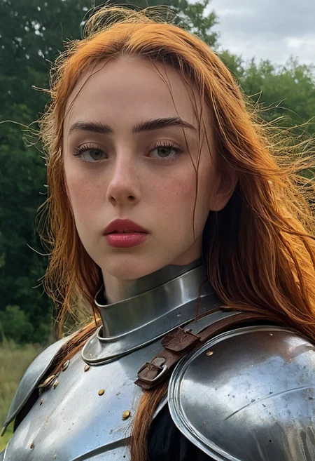High resolution ultra-realistic of Beautiful Warrior Sadie Sink as Joan of Arc, 8k, capturing the intensity of the moment, cinematic lighting, standing on a bloody and stormy battlefield in bloody battle, nicki nicole, green eyes, beautiful hourglass figure, burning in a medieval Town, intricately designed iron and silver armor, long hair, Dark Ages Aesthetic, perfect athletic figure, beautiful Warrior Joan of Arc, fire, ultra realistic, cinematic style, vigorous and seductive, athletic figure, dark fantasy, dramatic lighting, wet and sweaty skin, dirty skin, athletic figure, dark fantasy, dramatic lighting, Greg Rutkowski style,, Warrior Joan of Arc on in iron armor, hyper-detailed, hyper-realistic, bright colours, Attractive 21 old years girl, Attractive, beautiful firm Breasts, sharp focus, digital painting, Photograph Taken on Nikon D750, Alphonse Mucha, 8K, athletic figure, Hyperdetailed, hyperrealism, asymmetric balance