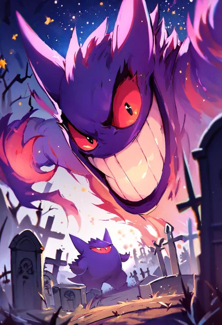 score_9, score_8_up, score_8,
gengar, solo, no humans, red sclera, v-shaped eyebrows, black eyes, evil smile,
graveyard, starry sky, dynamic pose, graveyard, dark theme, bokeh, depth of field,
looking at viewer, white background