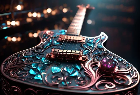 RAW photo of a very detailed reflective guitar with whimsical elements, dark studio, magical glowing podium, the rom is dark, only light of source is the guitar, cyan and pink neon, complimentary colors, reflective enviroment, spot lights, fantasy style, 90% black and 10% gold colors, big white diamonds on the guitar, strong depth of field, darkness, dramatic light, dusty black theme, intricate details, ultra sharp, exquisite detail, flawless composition, vivid colors, masterpiece, exciting background, timeless elegant and Exquisite Copper Ornaments