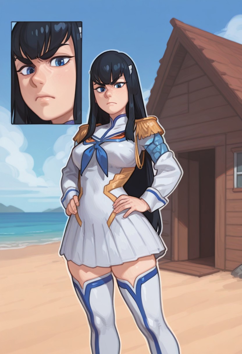 masterpiece, best quality, absurdres, highres, detailed, HD, 4K, possmach, gloss_(hotglossed), outline, eigaka, aruhshura,
1girl, kiryuuin satsuki, black hair, long hair, blue eyes, thick eyebrows, hair ornamentm,
junketsu, dress, epaulettes, high heel boots, thigh boots, thighhighs,
hands on hips, standing, solo, looking at viewer, medium breast,
serious ,
soft shadows, volumetric lighting, beach, house in background
, close up, face focus, breast outline, tight clothes,