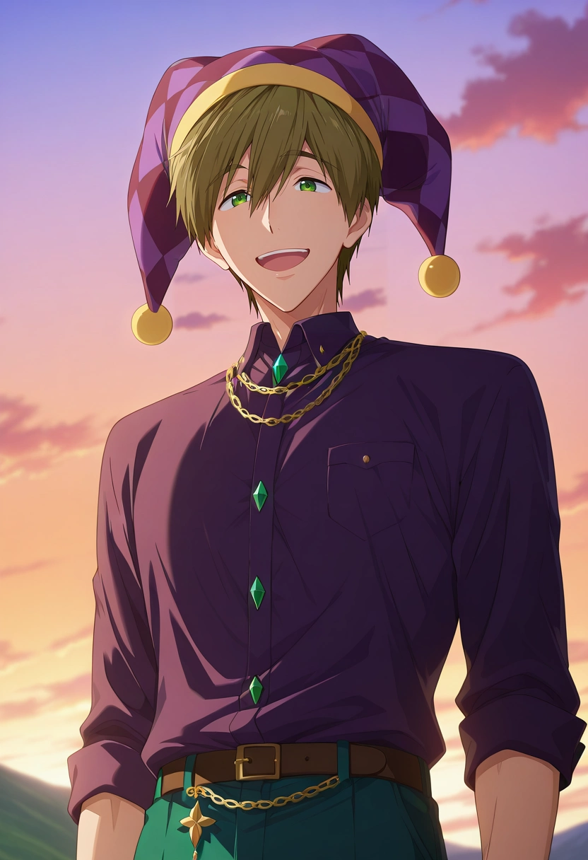 masterpiece, best quality, , anime screencap, , , , 1boy, solo, male focus, <lora:makoto_tachibana_ilxl:0.98>, makoto_tachibana, brown hair, green eyes, hair between eyes, tachibana makoto, from below, hill, dusk, arms at sides, laughing, Argyle Lavender Corduroy Stretch chinos, Velvet Button-down shirt, , Jester hat, and andBody chain