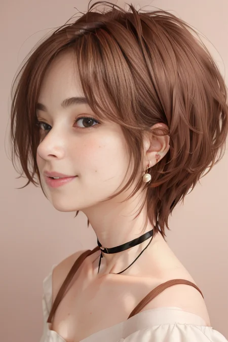 (1girl), (best quality), (masterpiece), (high resolution), (intricate details), (photorealistic), (cinematic light), <lora:short_hair:0.8>
solo, brown hair, nape, blurry, upper body, blurry background, wavy hair, smile, realistic, looking at viewer, lips, upper body, off shoulder, shirt
white background, upper body, brown eyes, closed mouth, profile, lips, nose, portrait, earrings, parted lips, black choker, ear piercing
sleeves past wrists, simple background