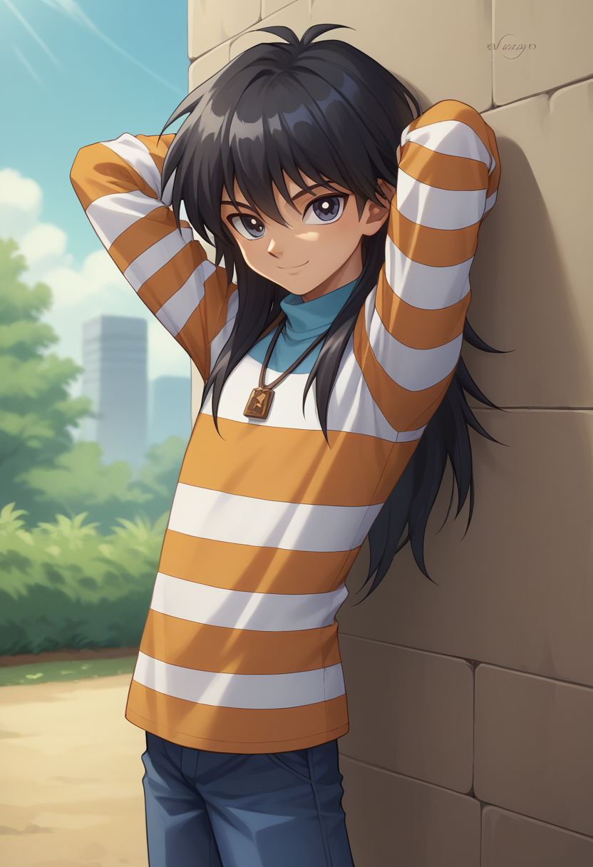 score_9, score_8_up, score_7_up, source_anime, highly detailed,
mokuba, solo, 1boy, male focus, striped shirt, shirt, striped, smile, long sleeves, long hair, pants, black hair, looking at viewer, upper body, smile, hands behind head,
outside,