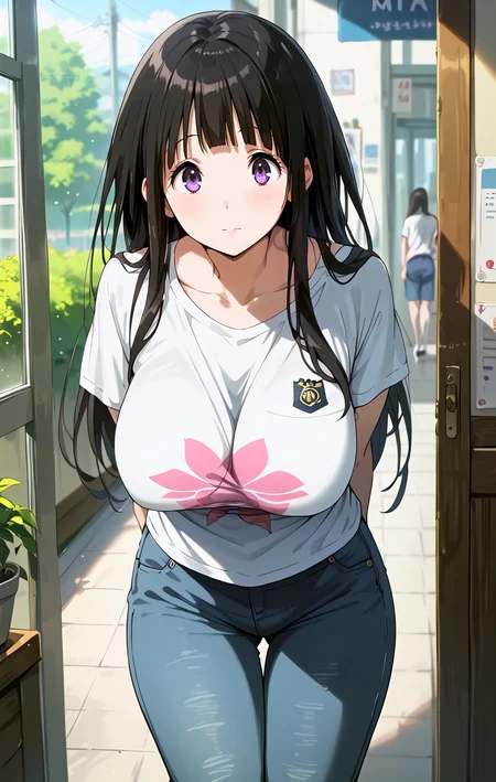 score_9,score_8_up,score_7_up,(best quality, masterpiece, uncensored:1.2),
1girl,huge breasts,wide hips,<lora:Chitanda_Eru:1>,chitanda eru,purple eyes,black hair,long hair,t-shirt,pants,leaning_forward,arms_behind_back,looking at viewer,