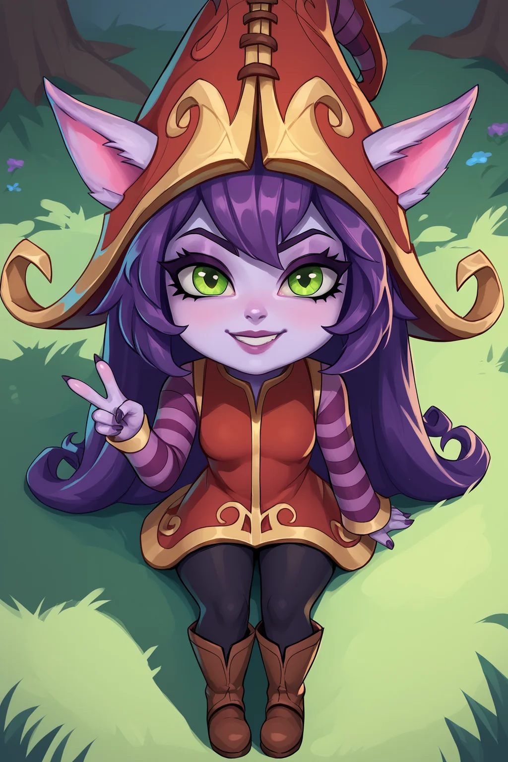 score_9, score_8_up, score_7_up, score_6_up, BREAK, LuluLoLXLv2, purple skin, colored skin, shortstack, yordle, green eyes, purple hair, long hair, sidelocks, bangs, animal ears, witch hat, ears through headwear, small breasts, red dress, purple striped sleeves, black pants, brown boots, solo, full body, sitting, above view, (peace sign), looking at viewer, seductive smile, forest <lora:LuluLoLXLv2:1>