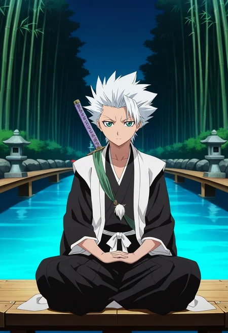 masterpiece, best quality, intricate details, anime screencap, anime coloring, official style, looking at viewer, , 1boy, solo, male focus, <lora:toushirou_hitsugaya_ilxl:0.98>, toushirou_hitsugaya, white hair, green eyes, spiked hair, short hair, . sword, ice, bankai, bamboo forest, stone lantern, koi pond, wooden bridge, meditation pose, serene expression, misty morning,