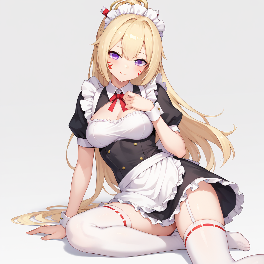 score_9, score_8_up, score_7_up, simple background, light smile, looking at viewer,
1girl, asra archer, blonde hair, purple eyes, facial mark, clothing cutout, maid, thighhighs, maid headdress, 
<lora:asra_archer_pony_v2:0.6>