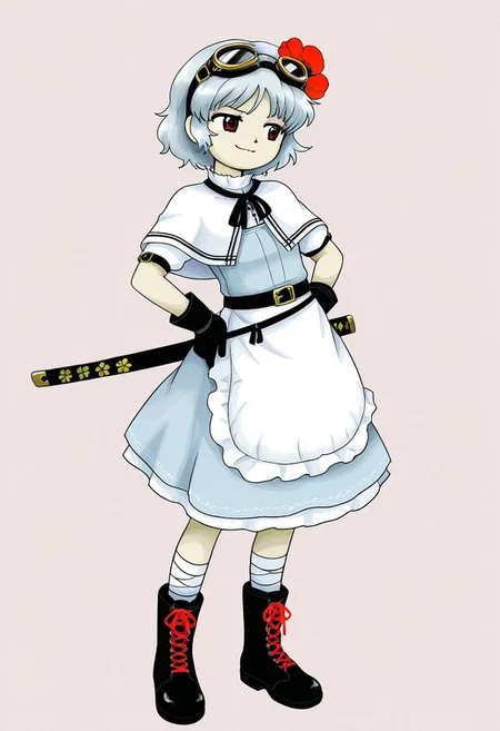 watercolor, aesthetic, colorful, jaggy lines, zun \(style\), BREAK, 1girl, solo, (short, small body, grey hair, short hair, red eyes, black tanker goggles on head, flower in hair, poppy flower in hair, white capelet, white sleeves, short sleeves, katana sheath, white apron, light blue dress, white leg wraps, black gloves, black boots, red laces, black belt), standing, laughing, grinning, smug, hands on hips, leaning back, simple background,