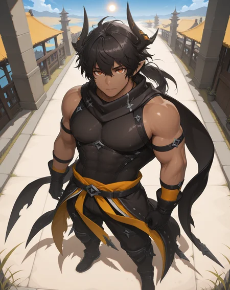 masterpiece, amazing quality, best quality, absurdres, very aesthetic,
1boy, solo, yaoi, male focus, full body, from above, standing, looking at viewer, face focus,
<lora:Sol_Limit_Break:1> lbsol, dark skin, horns, dark-skinned male, pointy ears, black hair, orange eyes, muscular male, hair between eyes, ponytail,
black gloves, black scarf, sleeveless shirt, covered abs, bare shoulders,
outdoors, day, blue sky, sun,
