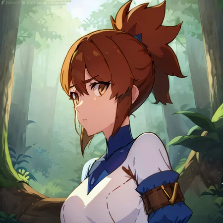a woman, forest, blue sleeves and white outfit.very short ponytail, brown belt is, standing <lora:marc1:1>, perfect resolution, illustration, dota dragon's blood style, <lora:assSupport_v32:1>