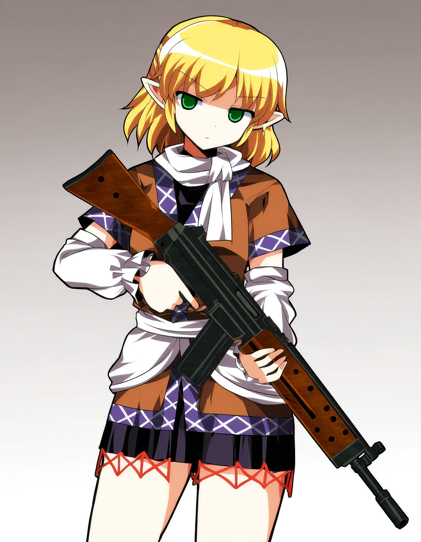 1girl, solo, mizuhashi_parsee stent r91, assault rifle, holding gun, two-handed, standing, simple background, cowboy shot, best quality, masterpiece, (alphes_\(style\)), <lora:OWN/pops_fo3_r91-v002-000015.safetensors:1.0>