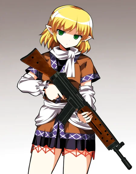1girl, solo, mizuhashi_parsee stent r91, assault rifle, holding gun, two-handed, standing, simple background, cowboy shot, best quality, masterpiece, (alphes_\(style\)), <lora:OWN/pops_fo3_r91-v002-000015.safetensors:1.0>