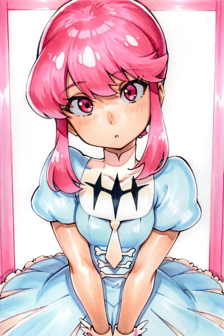 marker \(medium\), traditional media, masterpiece, best quality,absurdres, ultra-detailed, high resolution, high quality, 4k, beautiful eyes, solo, score_9, score_8_up, score_7_up, score_6_up, score_5_up, score_4_up, 1girl, smooth skin, BREAK
Jakuzure_Nonon, Jakuzure_Nonon, pink_eyes, pink_hair, short_hair_with_long_locks, small_breasts, no hat, blue_dress, turtleneck_dress, white_necktie, puffy_short_sleeves, frills, wrist_cuffs,