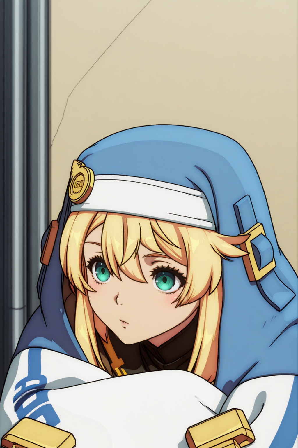 anime style, anime coloring,  Bridget, otoko no ko, Posing with arms crossed and leaning against a wall <lora:Guilty_Gear_Strive_-_Dual_Rulers_-_Bridget_-_illustrious:0.8>