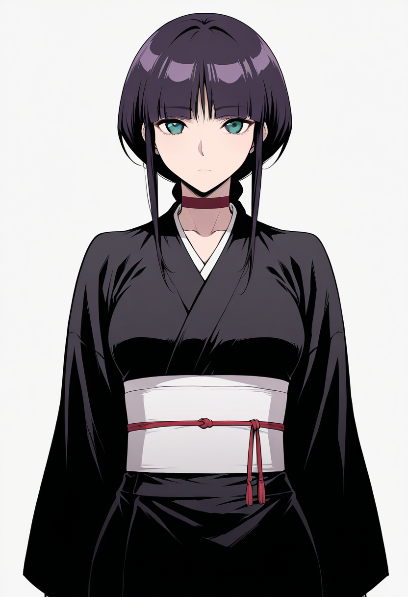 masterpiece, best quality,
1girl, solo, cowboy shot,
standing,
looking at viewer,
simple background, white background,
 <lora:kurotsuchi_nemu:1> K0r0ts0ch1N3m0, purple hair, black hair, green eyes, single braid, long hair, blunt bangs,
japanese clothes, kimono, choker, black kimono, sash,