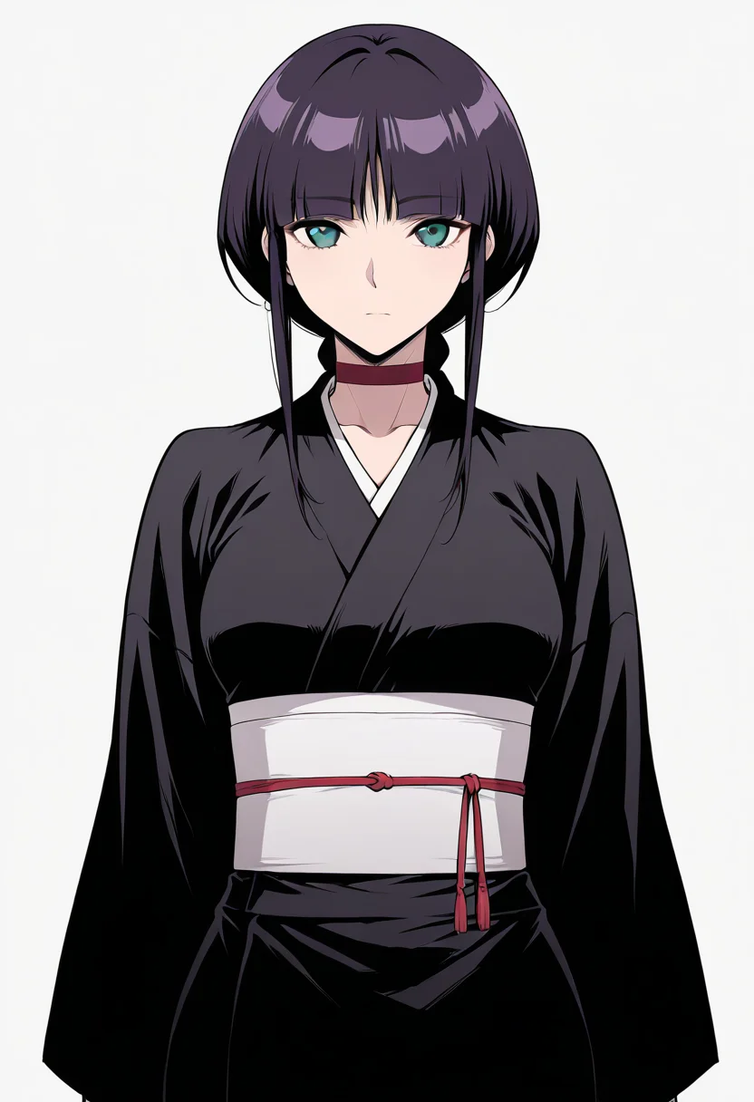 masterpiece, best quality,
1girl, solo, cowboy shot,
standing,
looking at viewer,
simple background, white background,
<lora:kurotsuchi_nemu:1> K0r0ts0ch1N3m0, purple hair, black hair, green eyes, single braid, long hair, blunt bangs,
japanese clothes, kimono, choker, black kimono, sash,
