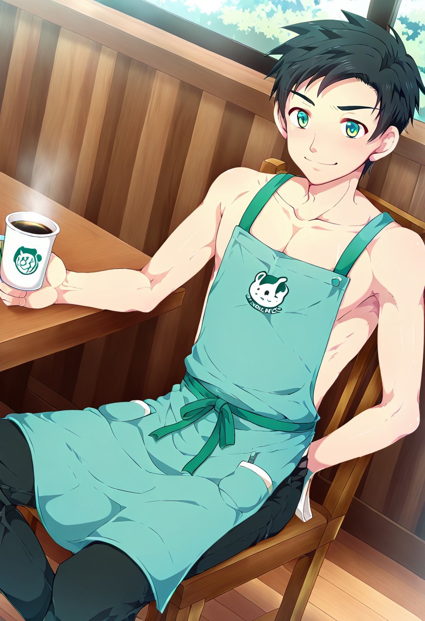 yuto_umemura, black hair, short hair, mint green eyes, 1boy, solo. male focus, shirtless, black trunk, wear blue apron, at cafe, offering a coffee, sit on chair, smile, undress apron