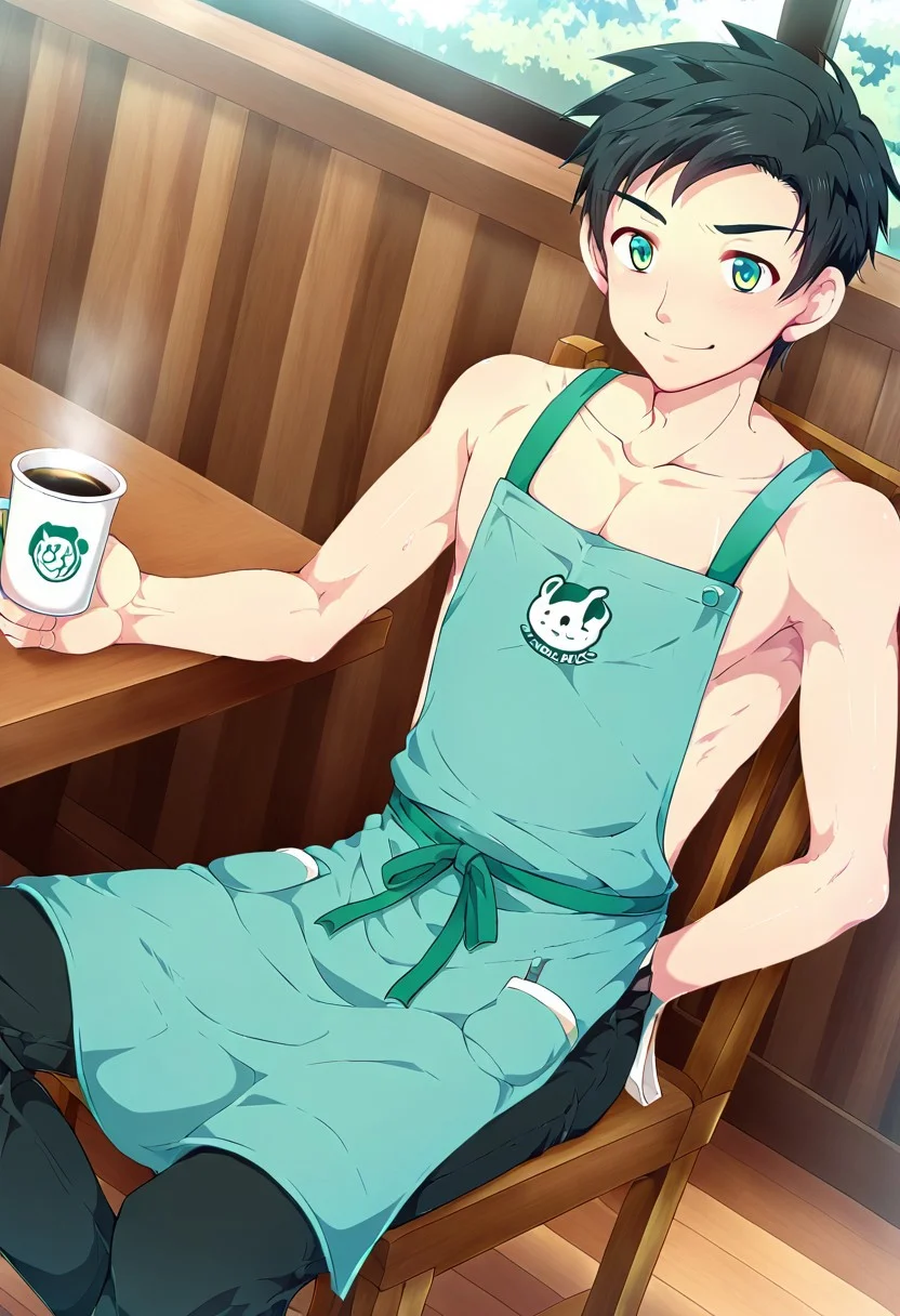 yuto_umemura, black hair, short hair, mint green eyes, 1boy, solo. male focus, shirtless, black trunk, wear blue apron, at cafe, offering a coffee, sit on chair, smile, undress apron
