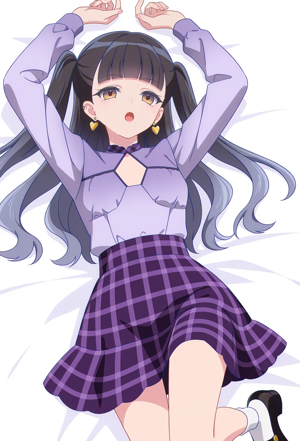 <lora:AZU NIISATA_illustrious-000036:1>,
AZU NIISATA,gradient hair,two side up,heart earrings,black hair,
purple shirt,plaid skirt,checkered skirt,purple skirt,clothing cutout,mary jane shoes,white socks,
solo,blunt bangs,open mouth,simple_background,white_background,cowboy_shot,lying,on back,bed,arms up