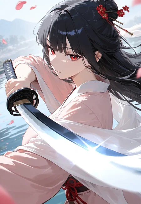 masterpiece,best quality,amazing quality,newest,absurdres,highres, newest,very awa, scenery, anime,low contrast,low saturation,
(dutch angle:1.4), from above,from side, close up,
1girl, beautiful face, perfect eyes, detailed eyes,mature female,slim body,
black hair,long hair, straight hair,blunt bangs, chinese hairpin,hair bun,
red eyes,looking at viewer, expressionless,
large breasts, shawl,
pink hanfu, light teal trim, holding sword, sword stance, (katana),(sword point toward viewer:1.4), spinning, slashing, motion lines,
, reflection,wuxia,(chinese knot),
(plum blossom:1.4), petals,(wind), glint,pond, ripple,
volumetric light,photo background,blurry background, blurry foreground, (foreshortening:1.4),(out off frame:1.4), depth of field,lens flare, chromatic aberration