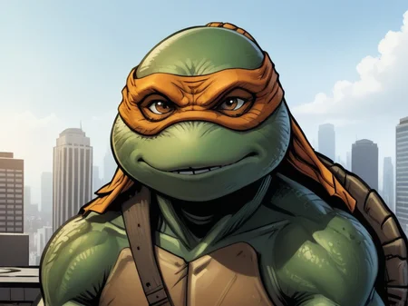 ((comic book art style)) close-up, TMNTMichelangelo, a teenage mutant ninja turtle, wearing orange bandana mask with eye-holes, standing on a city rooftop during the day, skyscrapers and rooftops and day sky in the background, <lora:TMNT_Turtles_AIO_SDXL-000009:1>