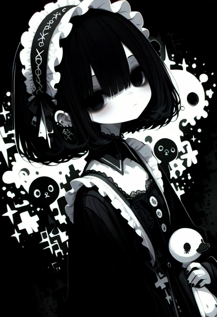 masterpiece,  best quality, good quality, very awa,  very aesthetic, absurdres, newest, oc-chan_(ketopon), 1girl, solo, black hair, bob cut, hair between eyes, black eyes, solid eyes, expressionless, black nail polish, looking at viewer, pale skin, frilled hair band, goth fashion, frilled dress, high collard,lace trim, square neckline, hugging,hugging stuffed animal, black duck, bandaid, bandages, upper body, black halftone background, dark theme,chromatic aberration, from above, dutch angle, limited palette, no lineart, no outline,painterly, blending, flat color, 15546+456868, r17329_illu,flatline,haiz_ai,sometyome_illu